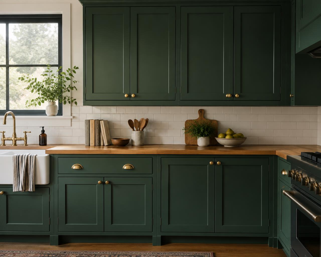 Kitchen cabinets refinished in deep forest green with brass hardware
