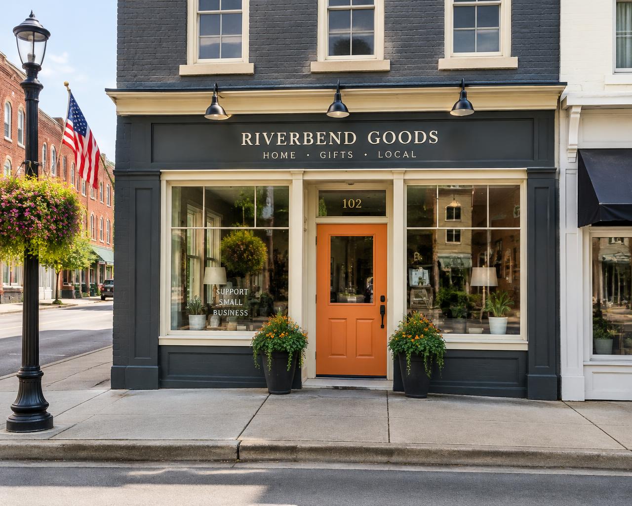 Main street storefront painted charcoal with cream trim and an orange door