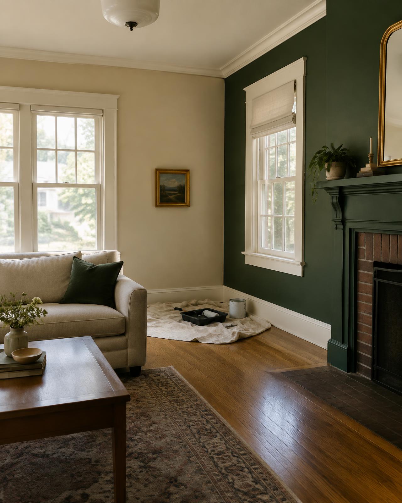 Living room with warm off-white walls, deep green fireplace wall and fresh white trim